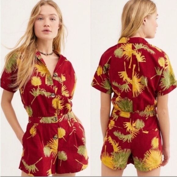 Free People Malibu tropical Island Romper jumpsuit Red cotton button front S - Picture 1 of 14